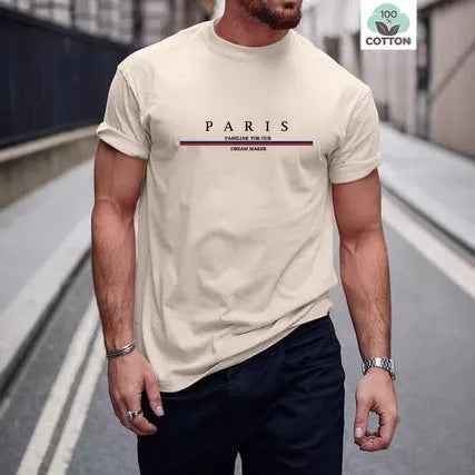 Men's casual cotton T-shirt with letter printing in loose fit, shown in apricot colour