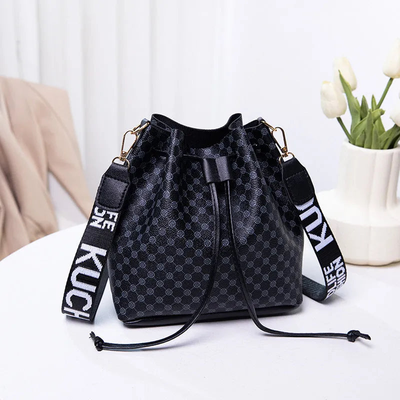 Printed PU bucket bag multi-layer soft leather women's crossbody shoulder bag brown front view