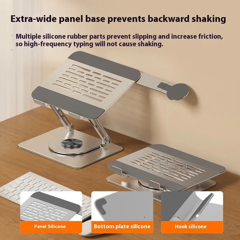 Silver carbon steel laptop stand with side-mounted magnetic phone holder for devices up to 17 inches