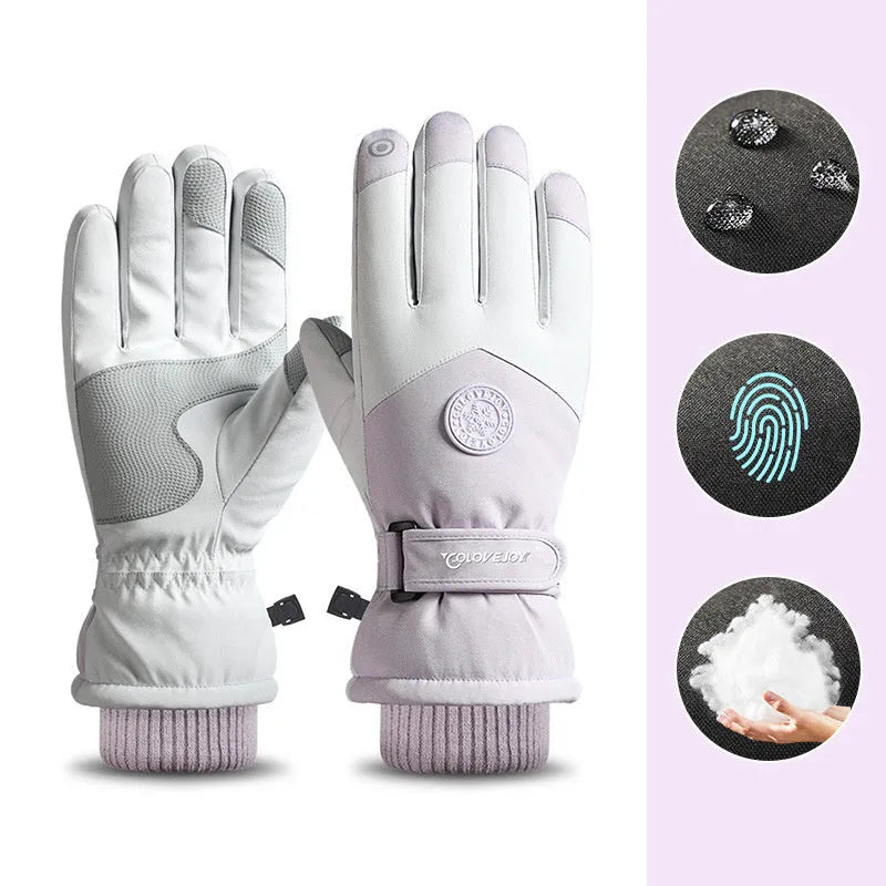 Snowflake cartoon print winter gloves with touchscreen fingertips in purple and grey colour options