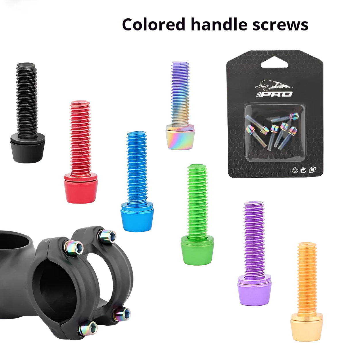 Set of 6 stainless steel mountain bike handlebar riser fixing screws in multiple colours