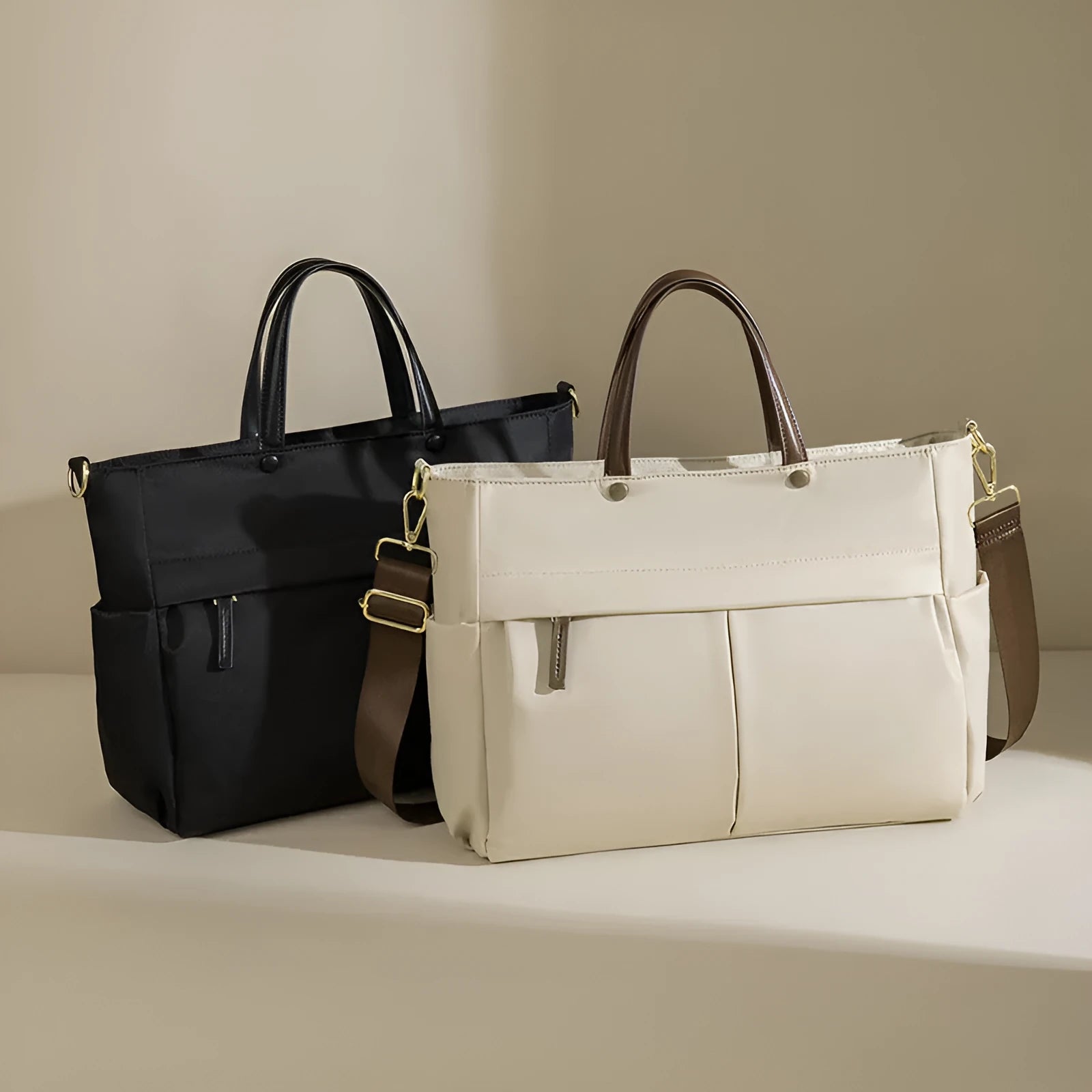 Women's oxford cloth portable briefcase in nuts and apricots colour with contrast stitching.