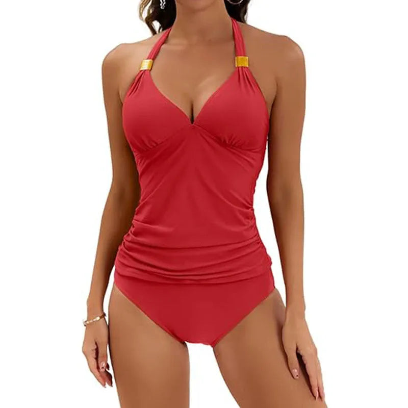 Women's red halter neck two-piece swimsuit with split-tie brief shorts laid flat.