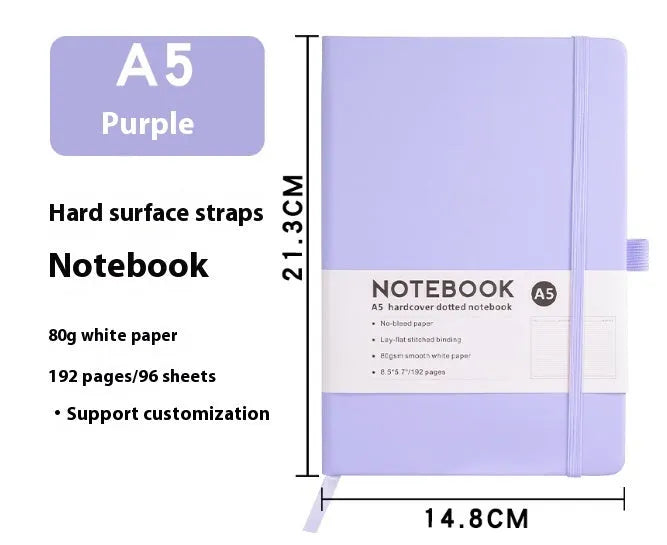 A5 size notebook with soft skin-feel PU leather cover and strap closure, open to show horizontal lined pages.