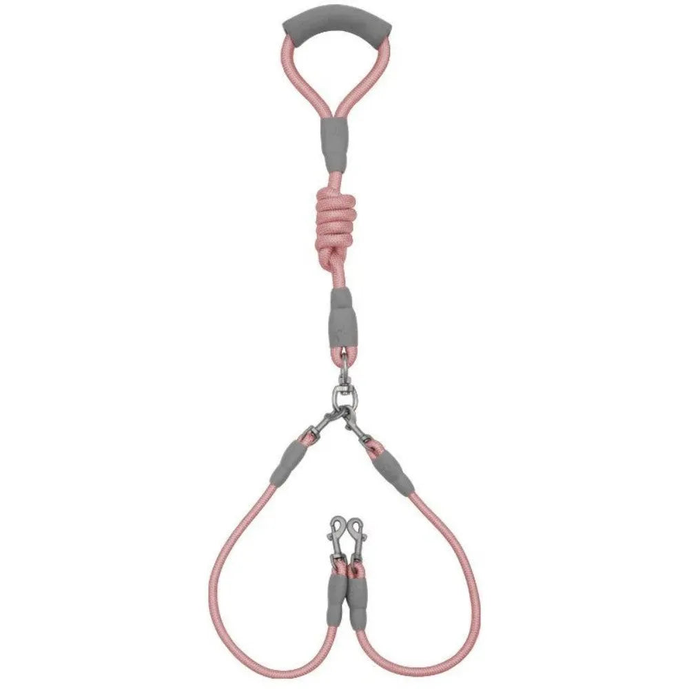Blue double dog leash for two pets with foam-padded handle and metal clips.