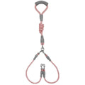 Blue double dog leash for two pets with foam-padded handle and metal clips.