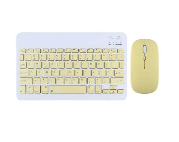 Bluetooth keyboard and matching rechargeable mouse set in elegant pink colour on a desk next to a tablet.