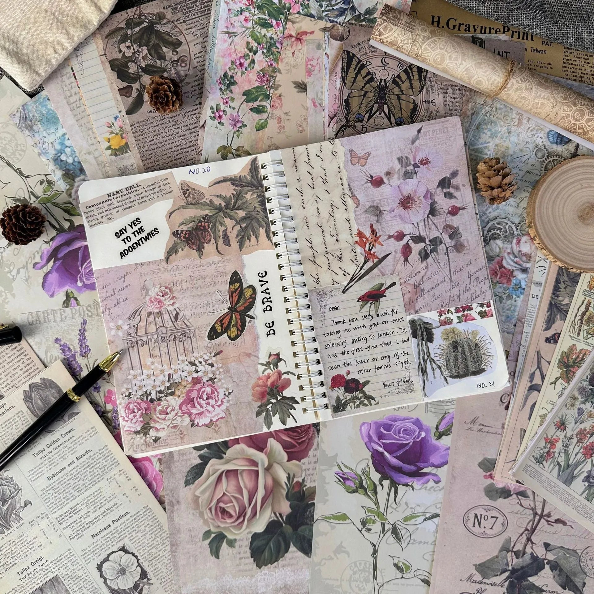 30 pieces of retro-style printed scrapbook paper with botanical, floral, letter, and musical designs