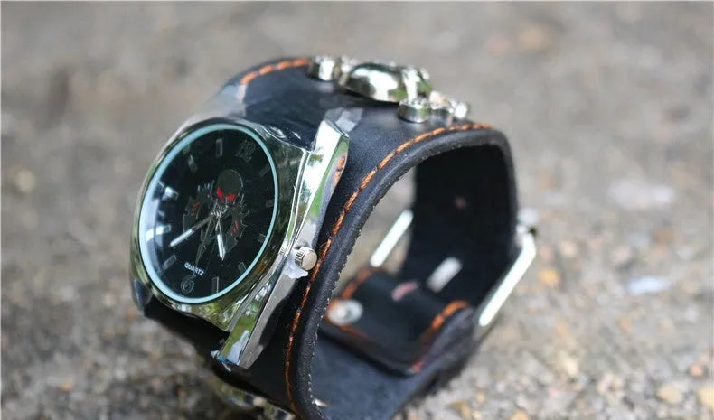 Men's black skull square watch with metal strap on wrist, 10mm thickness