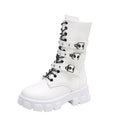 Buckle lace-up side zip punk women's mid boots in black and white, round toe, artificial PU upper and sole