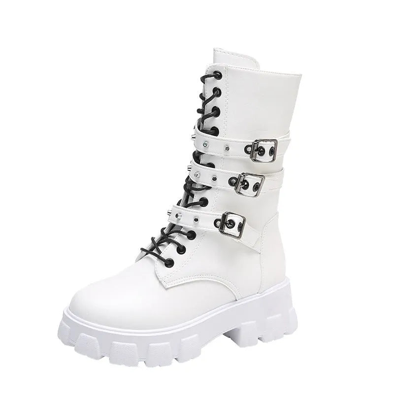 Buckle lace-up side zip punk women's mid boots in black and white, round toe, artificial PU upper and sole