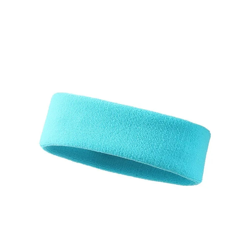 Elastic widening sports anti-sweat headband in black, blue, red, rose red, and sky blue colours.