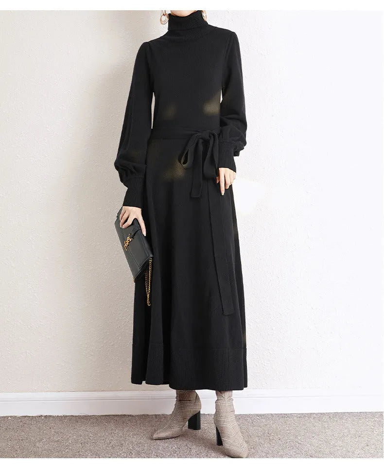 Rose red turtleneck knit dress with long sleeves, elastic waist, and a loose mid-length hem.