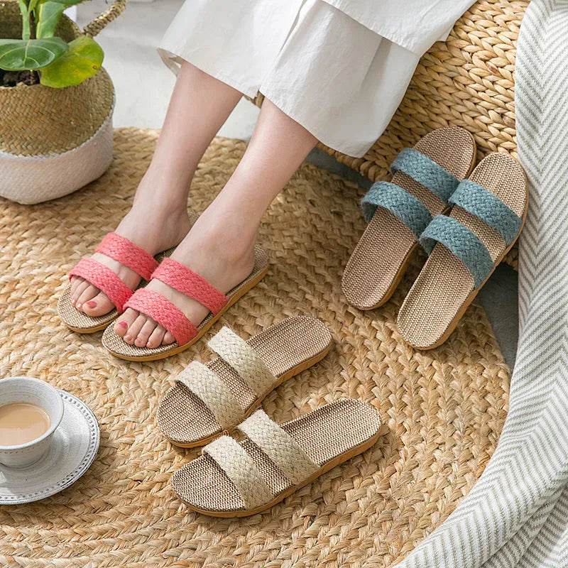 Women's indoor linen toe ring slippers with non-slip EVA sole in beige horizontal bar colour