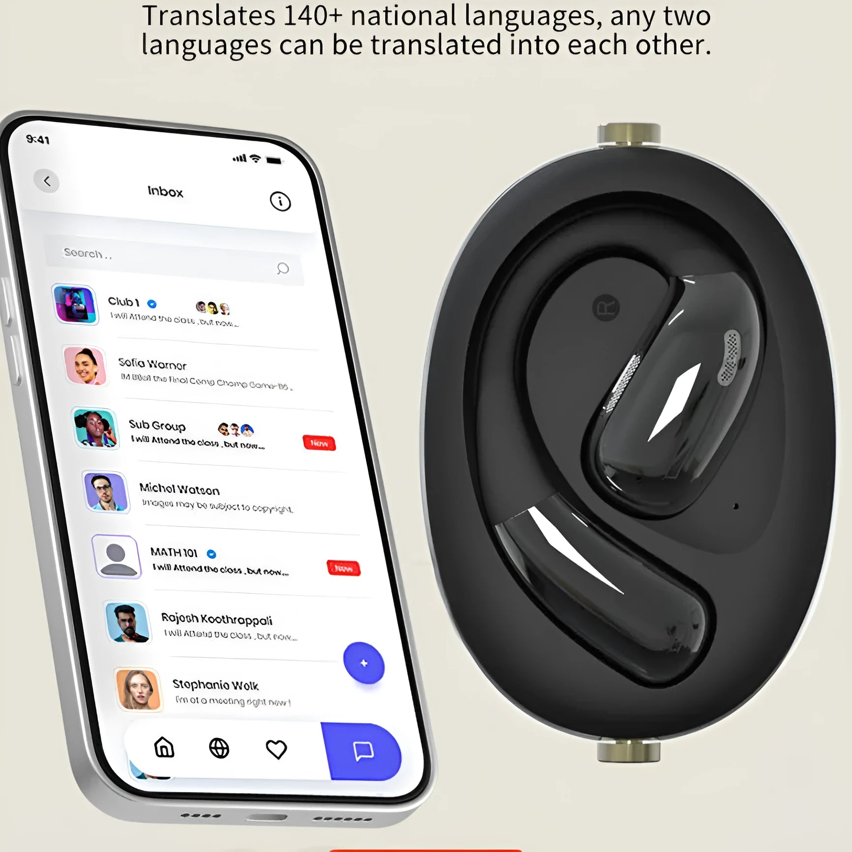 Wireless AI translation noise-reduction Bluetooth headset with ear hook in black colour