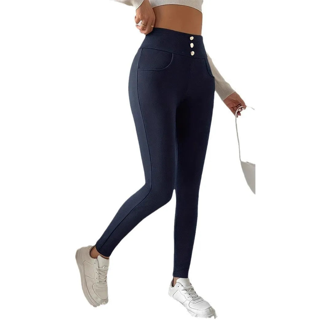 Navy blue women's high waist straight-leg trousers on hanger showing front view