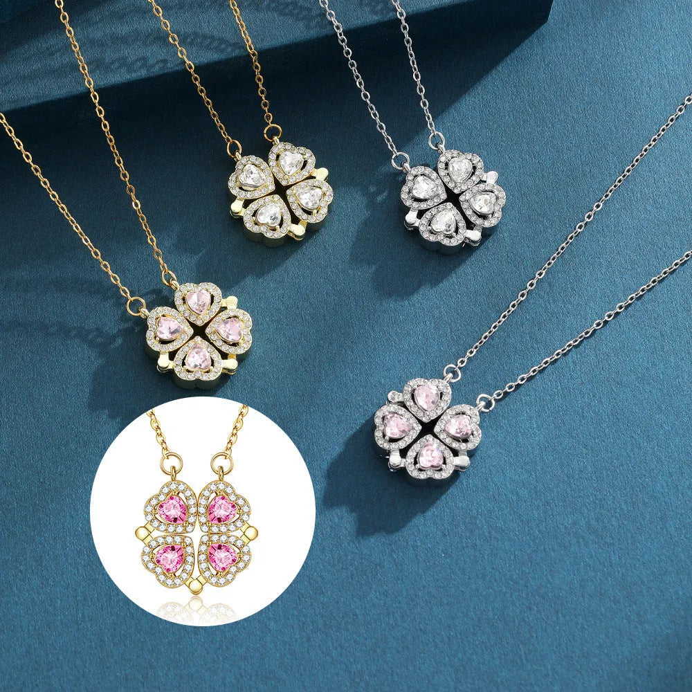 Four-leaf clover pendant necklace with micro inlay artificial gemstone, metal chain, K Gold Pink colour option
