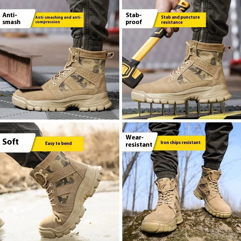 High ankle combat safety boots with steel toe, fly weave upper, EVA rubber sole, black or khaki