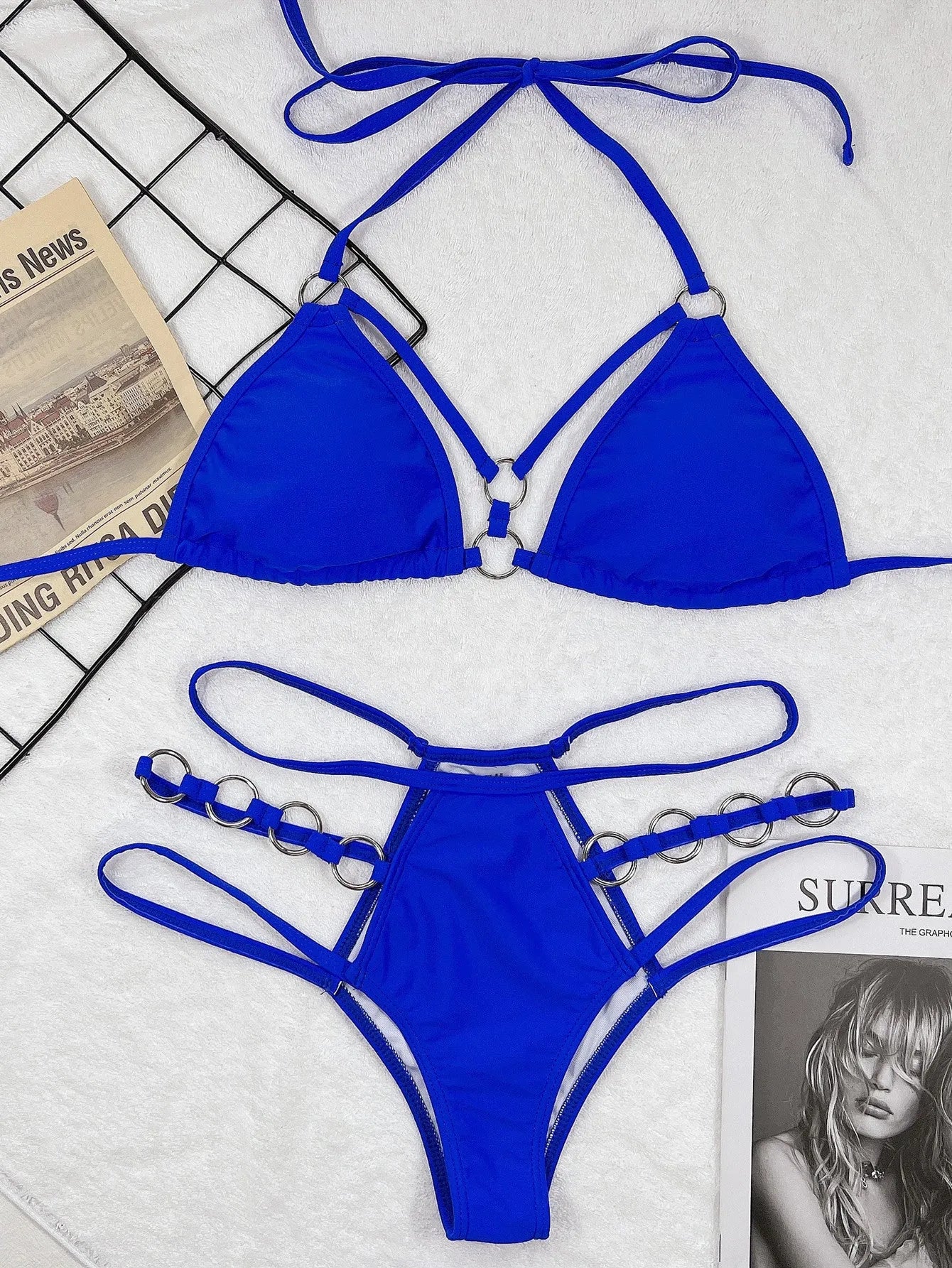 Women's pure colour nylon bikini set with separate top and shorts on a neutral background.