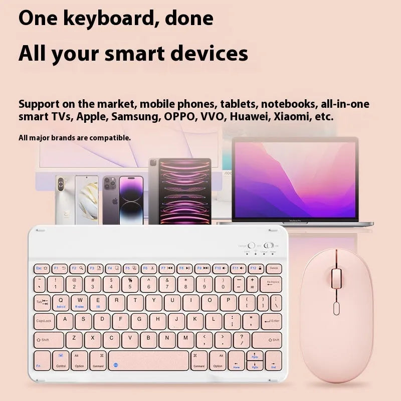 Bluetooth keyboard and matching rechargeable mouse set in elegant pink colour on a desk next to a tablet.