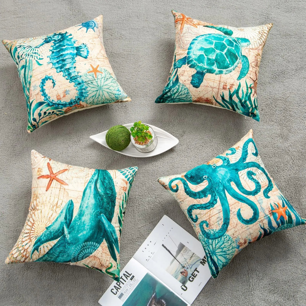 Square linen cushion cover with sea turtle printed design measuring 45x45cm