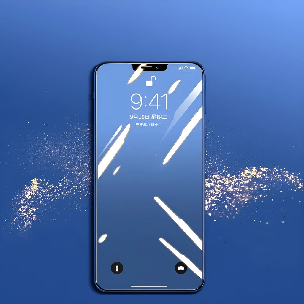 Tempered glass screen protector for iPhone in black, transparent, or white.