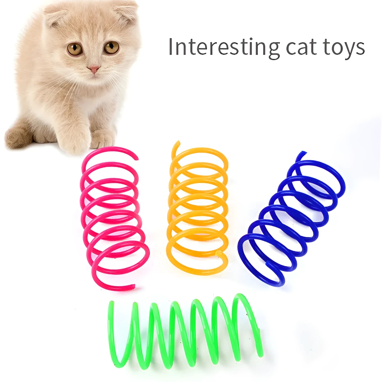 Plastic cat spring toys in mixed colours showing 5.5cm length and 2cm diameter measurements