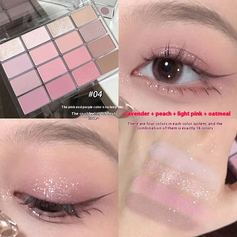 16 colour eyeshadow palette showing shimmer and matte shades in pink, brown and lavender colours