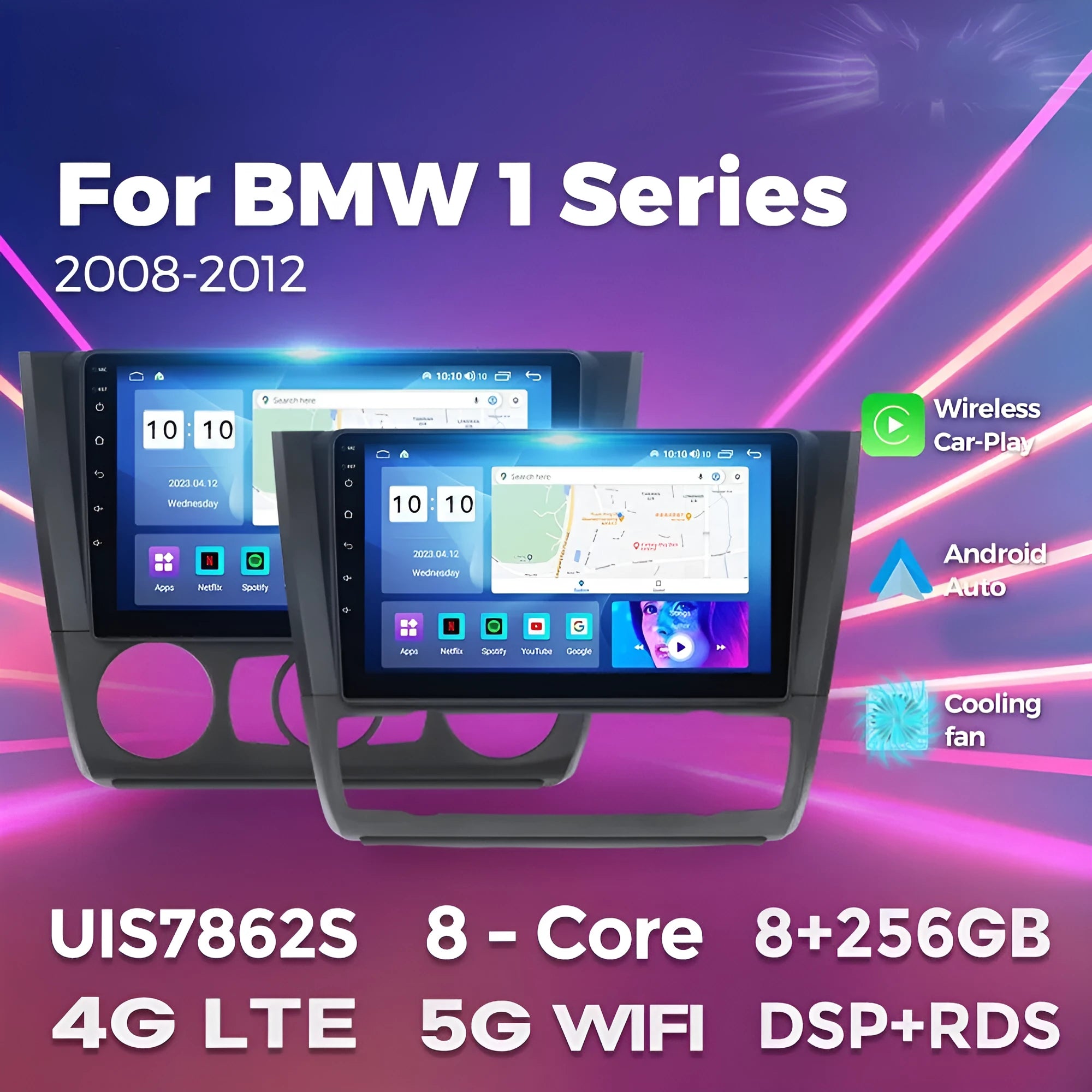 BMW E87 dashboard showing installed 9-inch Android car stereo and navigation touchscreen unit