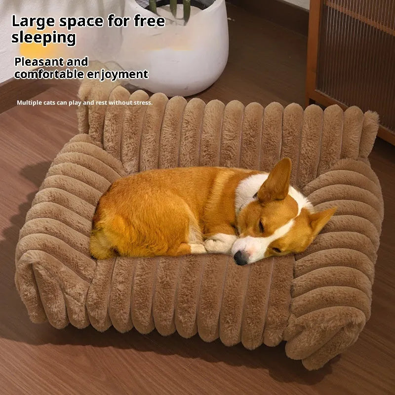 Rabbit plush cat sofa bed in khaki colour with thickened padding and enclosed sides for small to large cats
