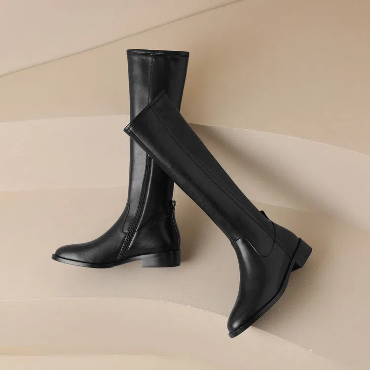Women's round-toe mid-heel knee-high riding boots in black with cowhide leather upper, side zipper, and chunky heel