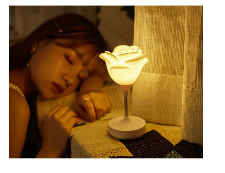 Touch rose USB night light in silicone and ABS, pink colour, showing three brightness level buttons on base