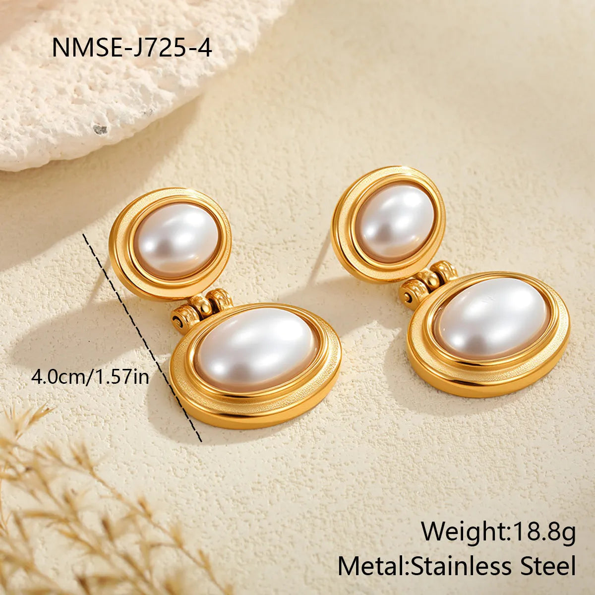 French retro stainless steel earrings with 18K marking, pearl and geometric ellipse shape, colour NMSE-J725-4