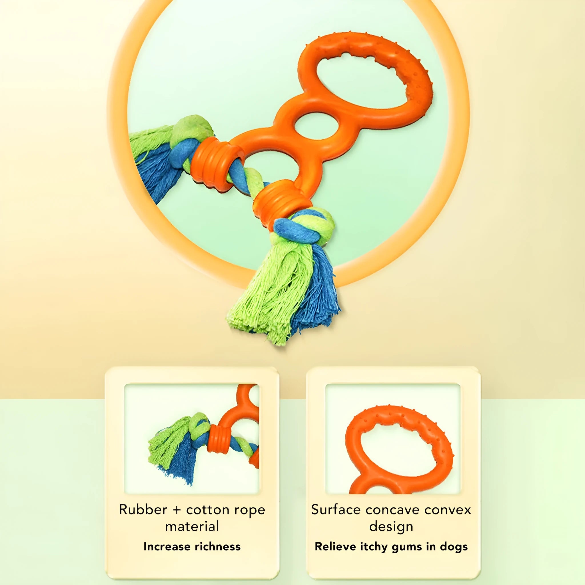 Orange dog rubber ring rope toy with cotton rope for teething and dental cleaning