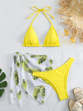 Orange three-piece bikini swimsuit set with a printed gauze skirt on a white background
