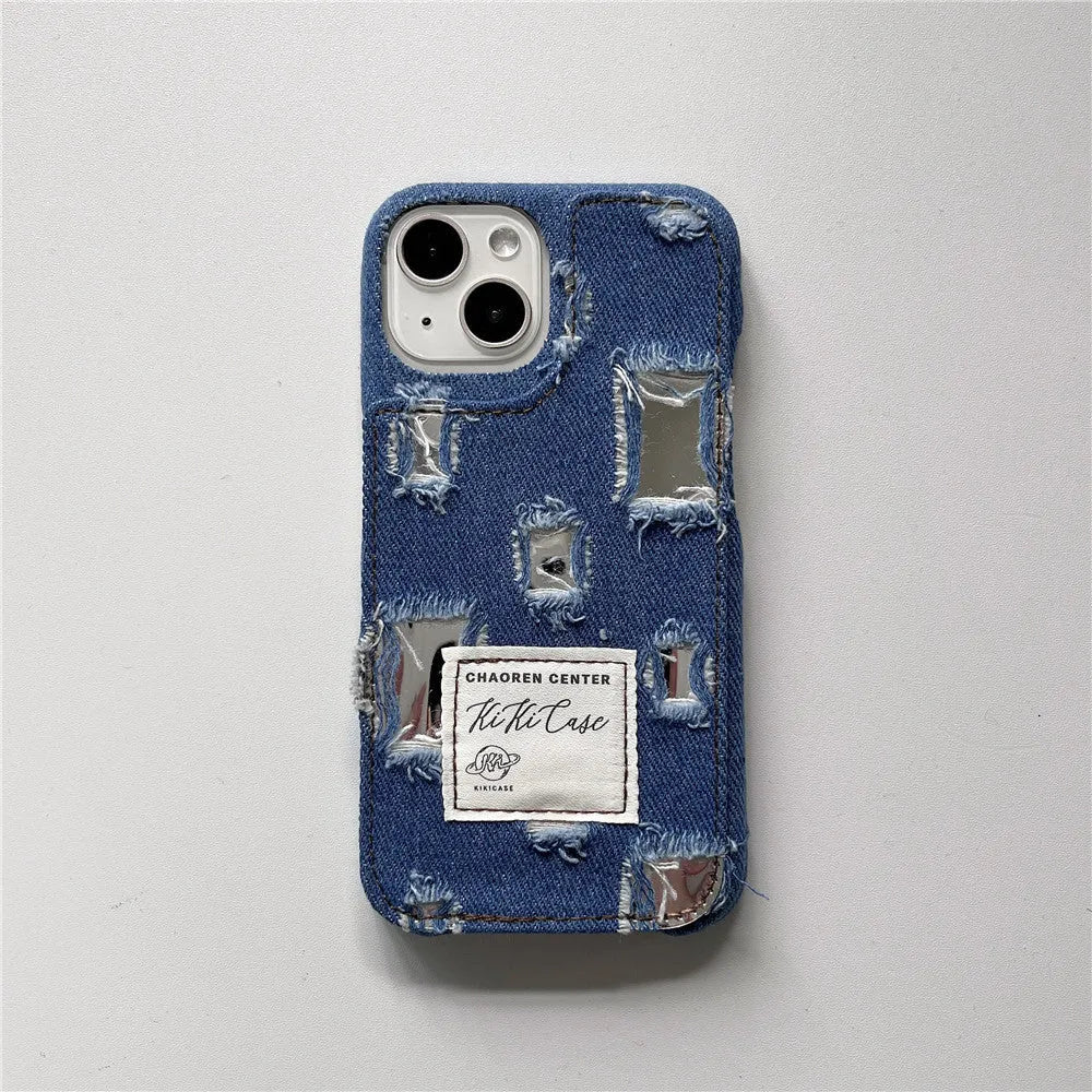Mirror hole denim TPU phone case with rhinestone animal pattern for iPhone, back cover in rose red
