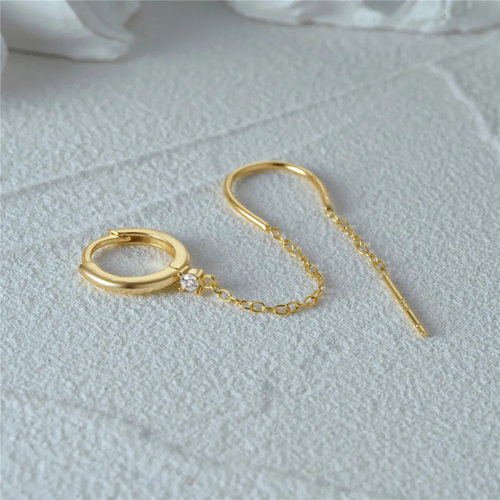 S925 sterling silver geometric earrings with flower tassel chain design in golden electroplated finish