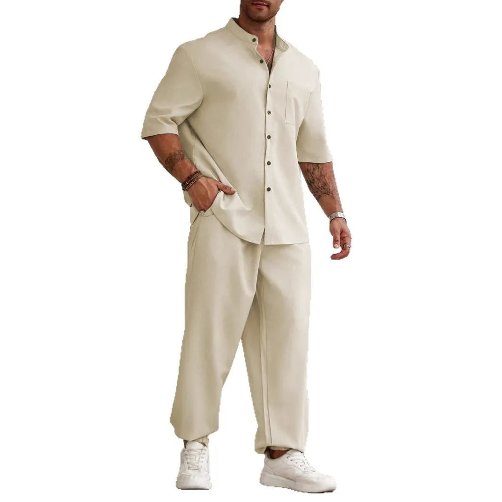 Men's casual cotton linen short-sleeved trousers set in three colour options