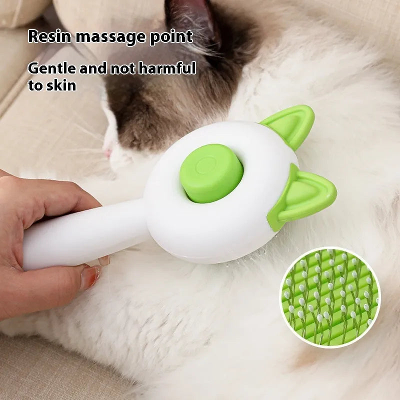 Self-cleaning cat grooming comb with stainless steel teeth in greenish white colour