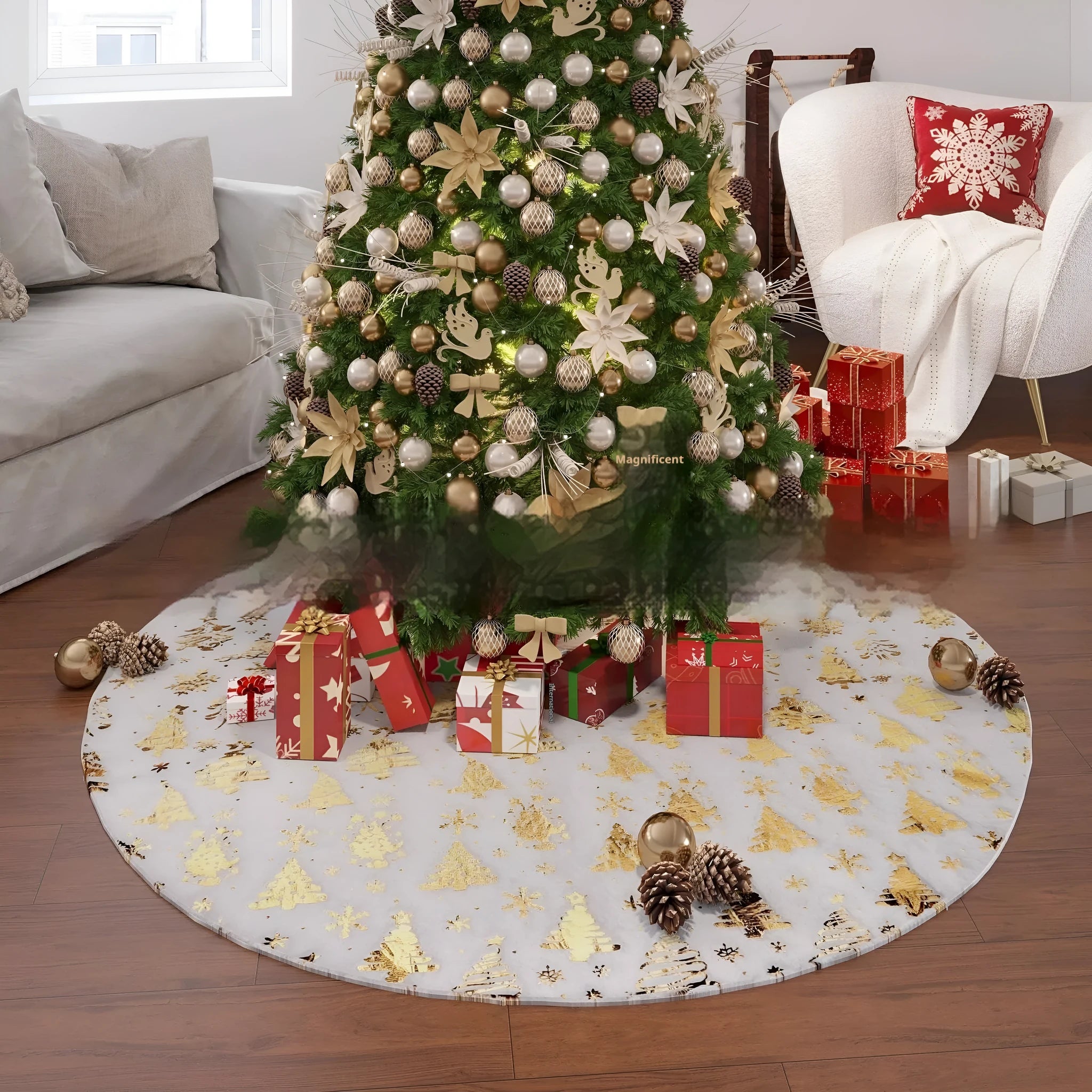 Plush festive mat with Christmas tree design under a decorated tree