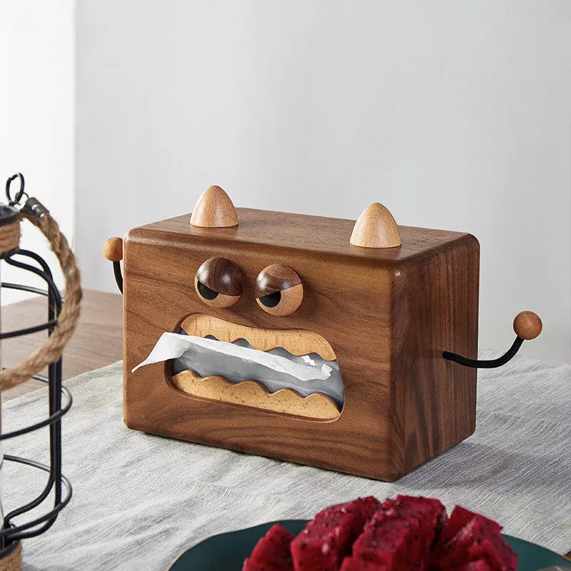 Wooden cartoon Little Monster tissue box in walnut beech finish, 190mm long by 104mm wide by 125mm tall