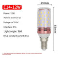E14 screw cap LED corn light bulb with 60 beads, showing tricolour light options: warm, neutral, and white.