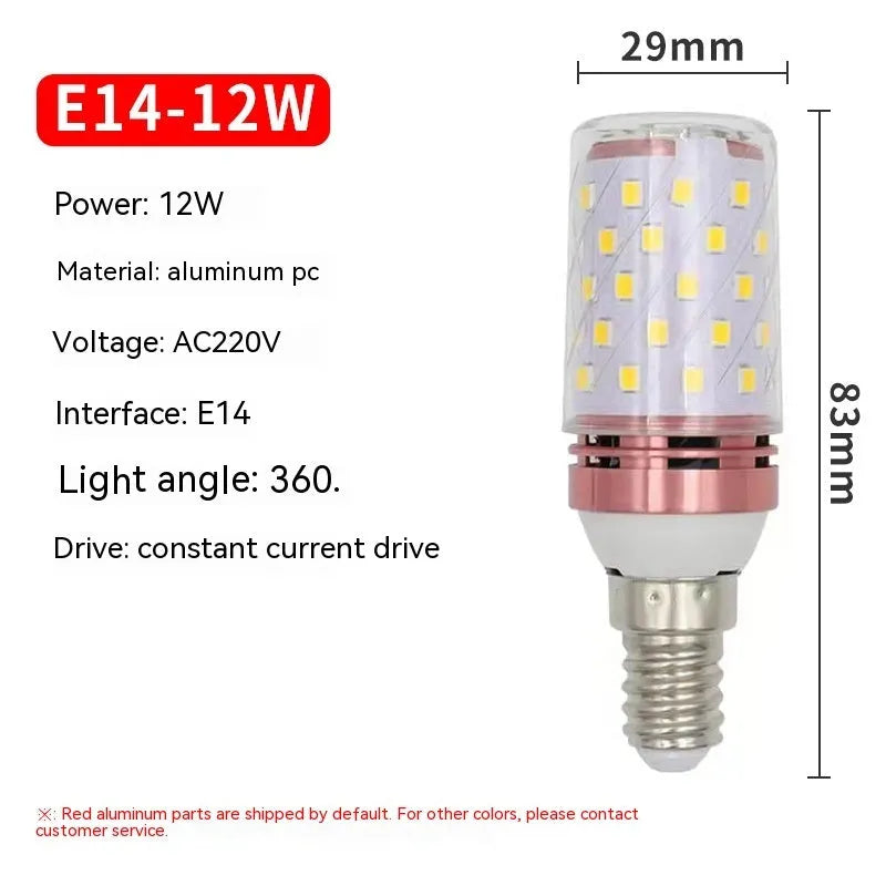 E14 screw cap LED corn light bulb with 60 beads, showing tricolour light options: warm, neutral, and white.