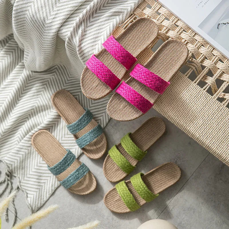 Women's indoor linen toe ring slippers with non-slip EVA sole in beige horizontal bar colour