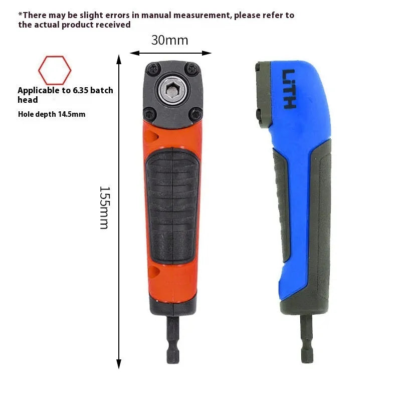 Multifunctional tool screwdriver with strong corner device, adapter, and sleeve frame attachment, 155x30 mm, blue right angle model
