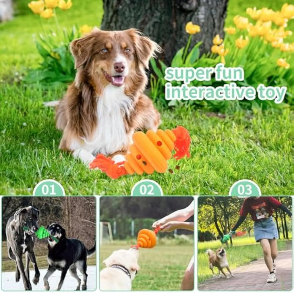Green and yellow silicone dog ball with knotted rope attached, showing food dispenser openings.