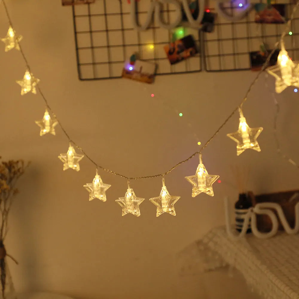 Star clip LED decorative lights on a shelf with warm 3000K glow, 1.5 or 3 metre option