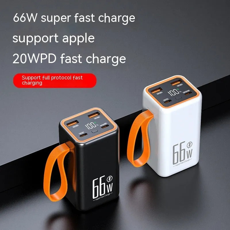 Black and white PD66W 20000mAh fast charge power bank showing front view and size.