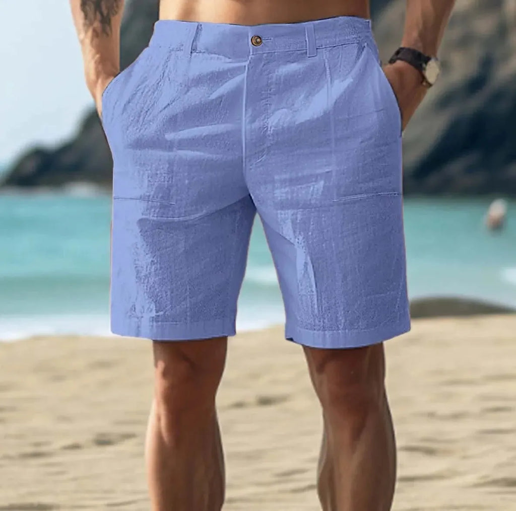 Men's cotton linen casual five-point shorts in solid colour, mid waist with button fly, five sizes available