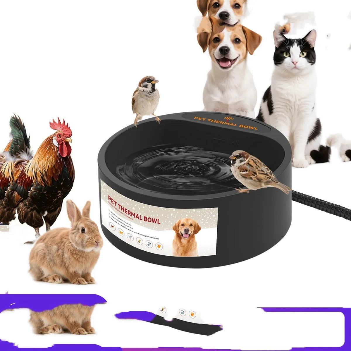 Black ABS plastic pet heating bowl for cats and dogs with constant temperature feature.